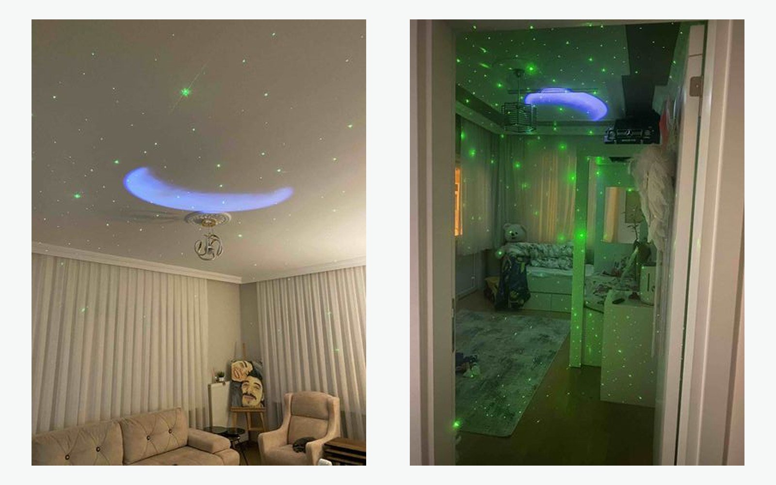 Astronot projektörün salon ve çocuk odası tavanına yansıttığı yeşil yıldız noktaları ve mavi ay, müşteri fotoğrafları
