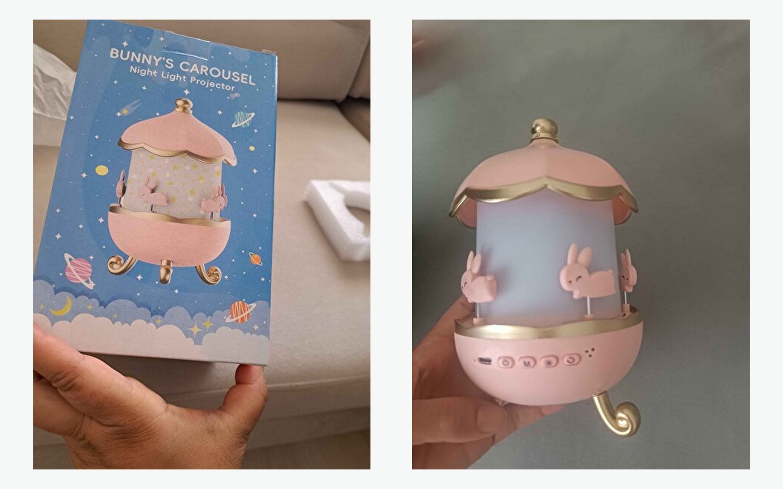 Bunny's Carousel yazılı mavi ürün kutusu ve elde tutulan pembe atlı karınca gece lambası, gerçek boyut