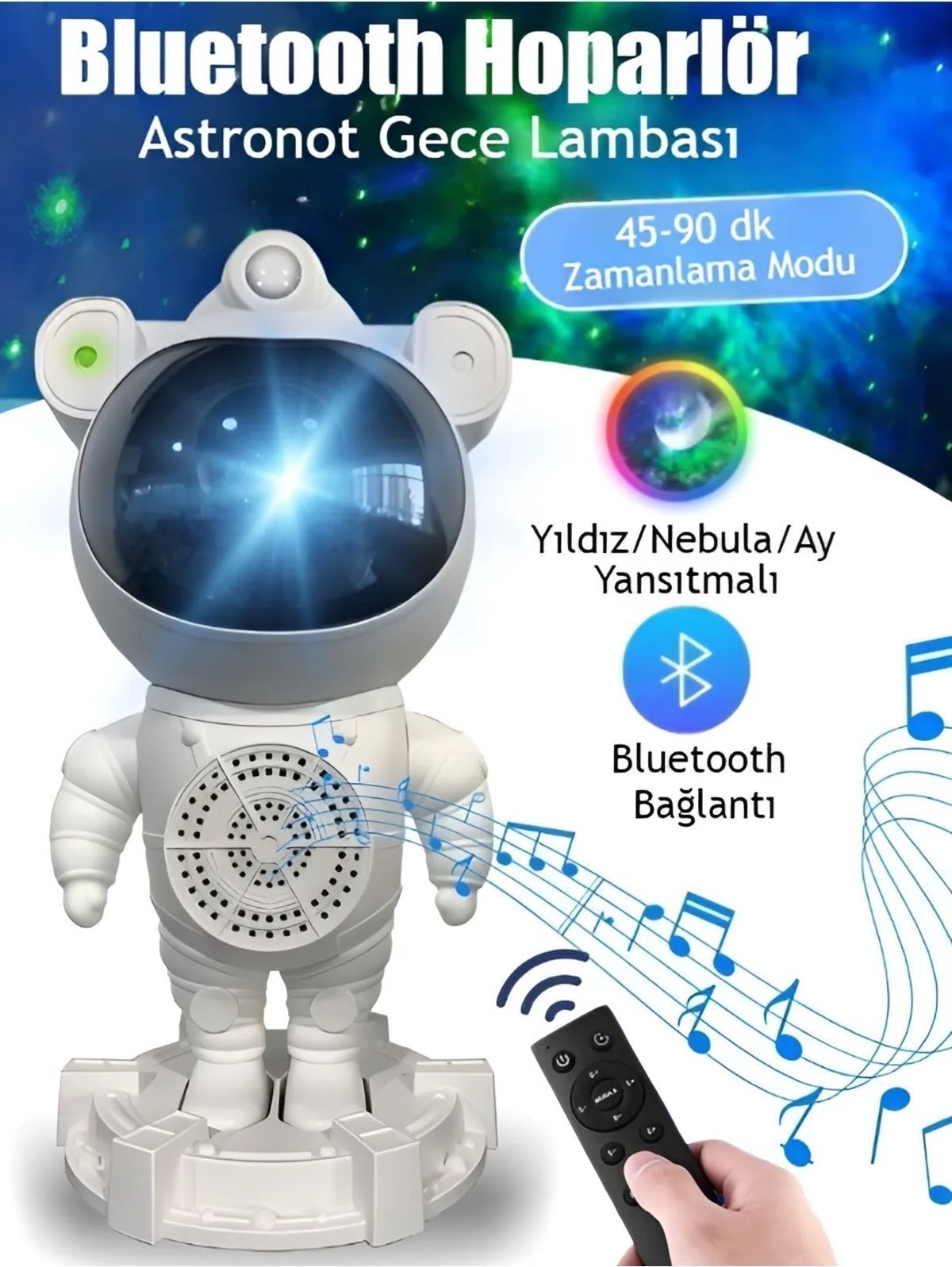Beyaz astronot projektör, kumanda tutan el, 45-90 dakika zamanlama ve Bluetooth bağlantı yazıları