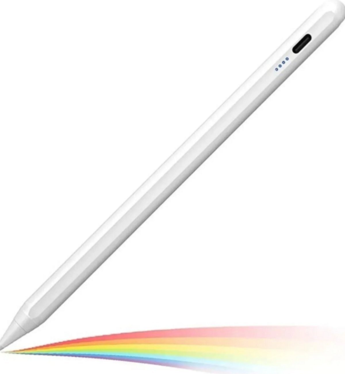 Beyaz tablet kalemi, ucunun altında gökkuşağı renklerinde çizgi, gövdede şarj girişi ve dört LED