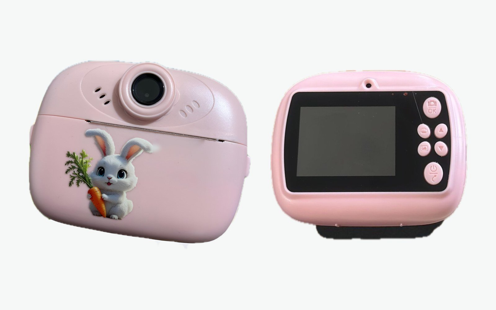 Pembe tavşanlı çocuk fotoğraf makinesi önden lensiyle, yanında arka yüzdeki ekran ve altı tuş