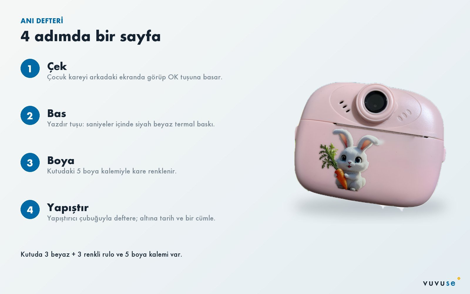 Anı defteri için dört adım listesi ve pembe tavşanlı anında baskılı fotoğraf makinesi