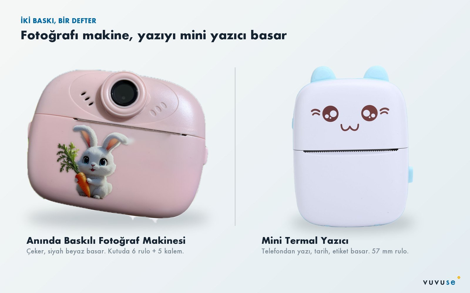 Pembe anında baskılı fotoğraf makinesi ile beyaz mini termal yazıcı yan yana, altlarında kısa görev açıklaması