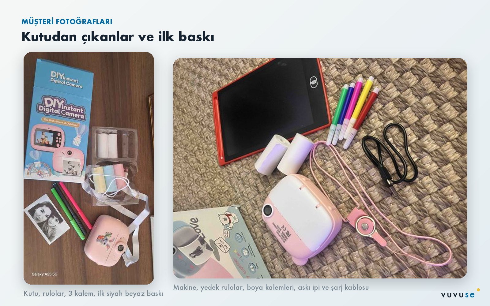 Müşteri fotoğraflarında anında baskılı fotoğraf makinesi kutusu, rulo kağıtlar, boya kalemleri ve ilk siyah beyaz baskı