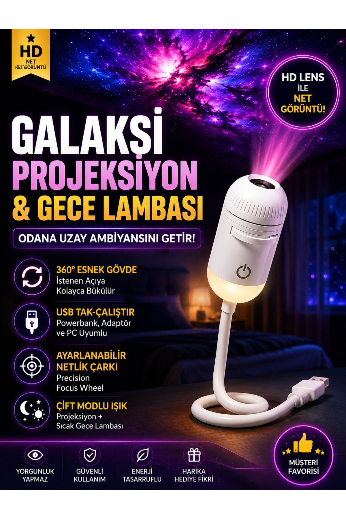 Galaksi projektör gece lambası satıcı görseli: 360 derece esnek gövde, USB tak çalıştır, netlik çarkı ve çift modlu ışık