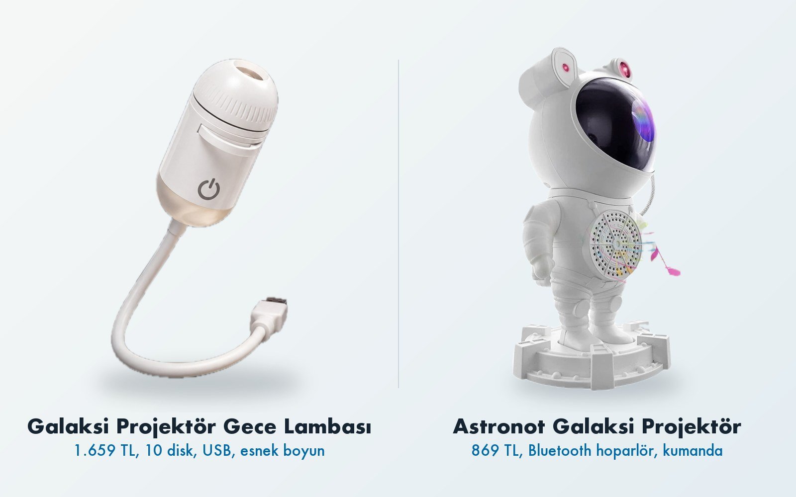 Galaksi projektör gece lambası ve astronot galaksi projektör yan yana, altlarında fiyat ve temel özellikler