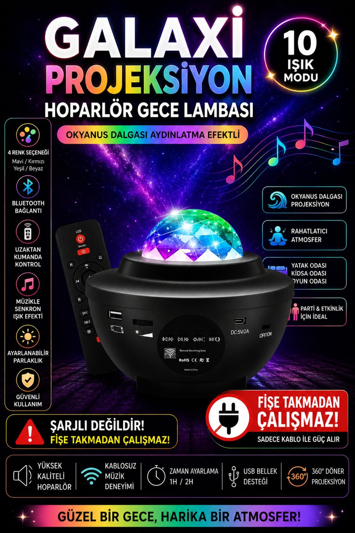 Galaxy projektör tanıtım görseli: 10 ışık modu, 4 renk, Bluetooth, 1H/2H zamanlayıcı ve fişe takmadan çalışmaz uyarısı