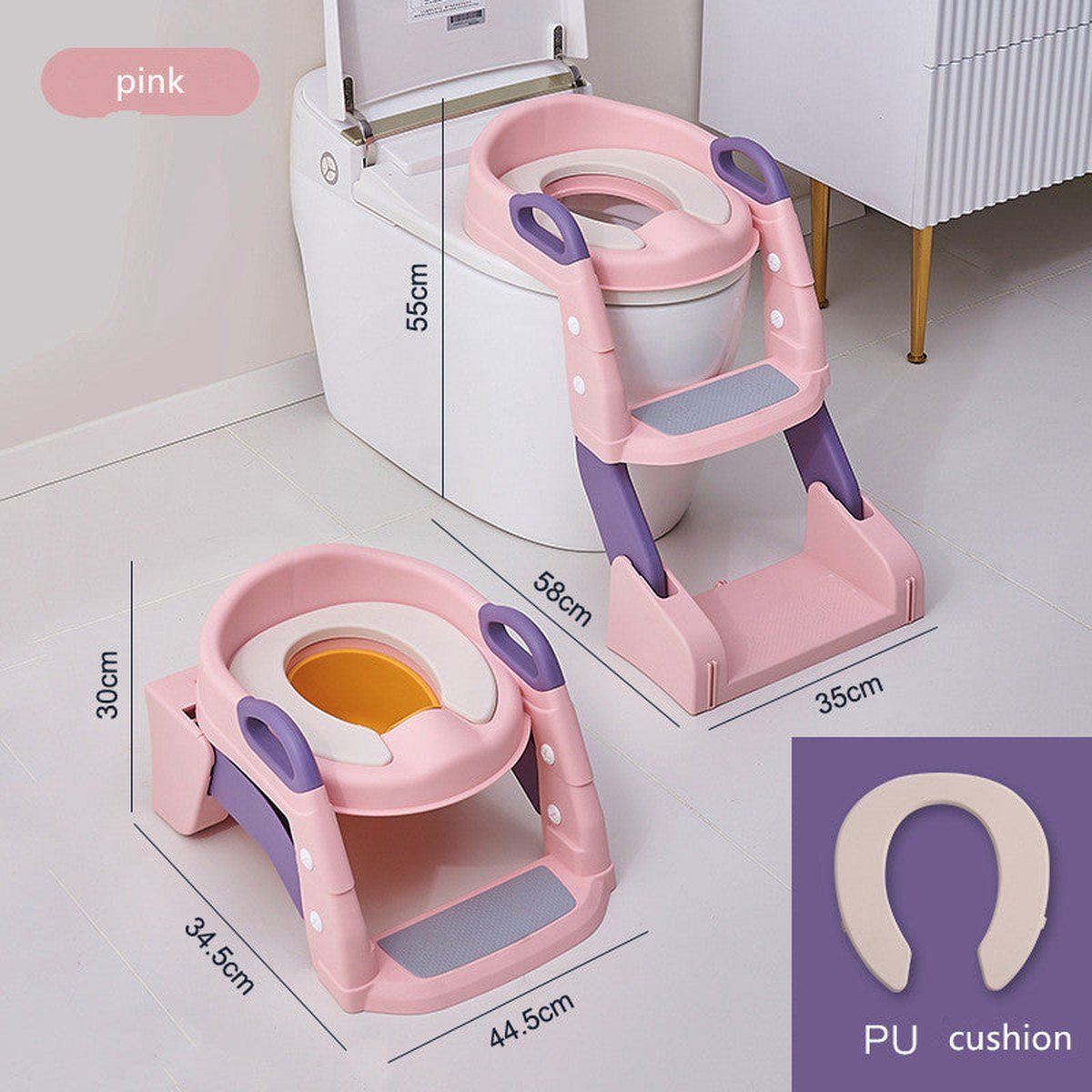 Pembe merdivenli lazımlığın klozet modunda 55, 58 ve 35 cm, lazımlık modunda 30, 34,5 ve 44,5 cm ölçülerini gösteren satıcı görseli