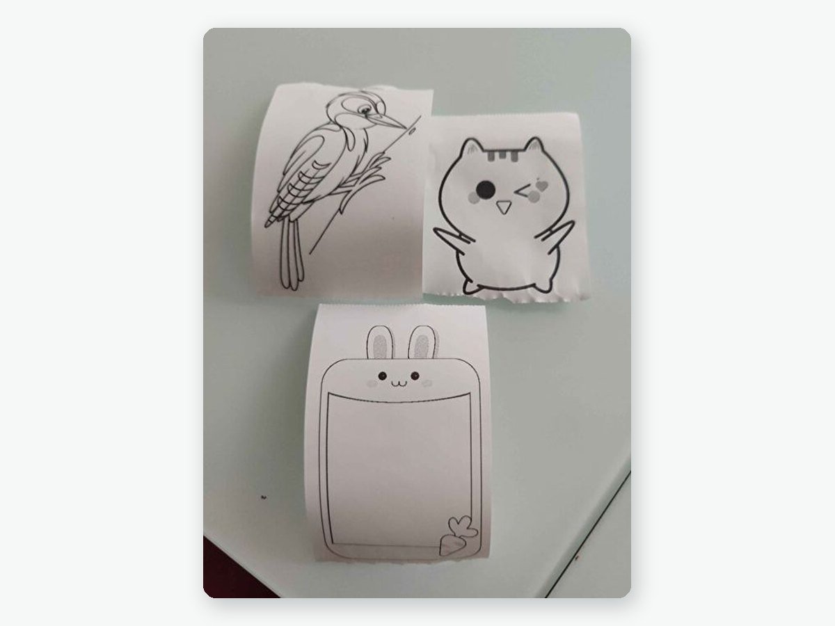 Mini termal yazıcıdan basılmış ağaçkakan, göz kırpan kedi ve tavşanlı çerçeve boyama kartları