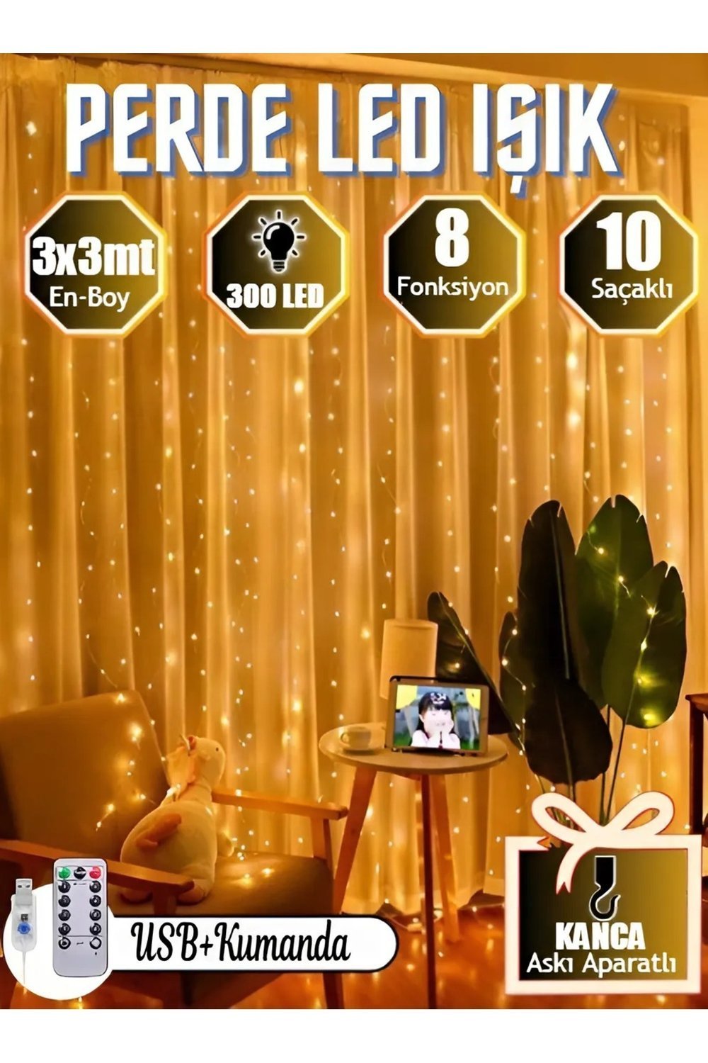 Duvara asılmış 3x3 metre 300 LED perde ışık, önünde koltuk ve sehpa