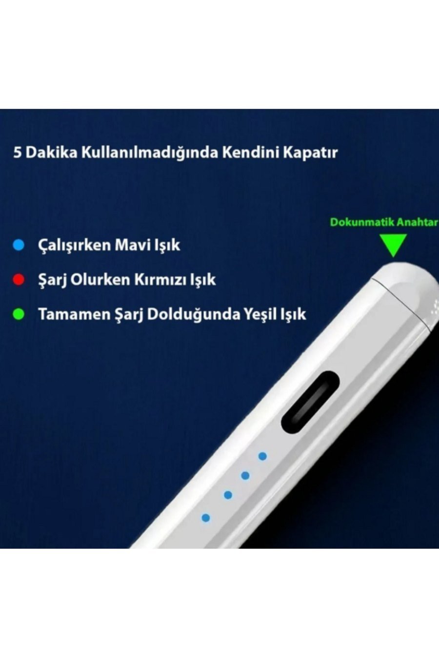 Tablet kaleminin üst ucunda USB-C şarj girişi, dokunmatik anahtar ve dört mavi LED gösterge