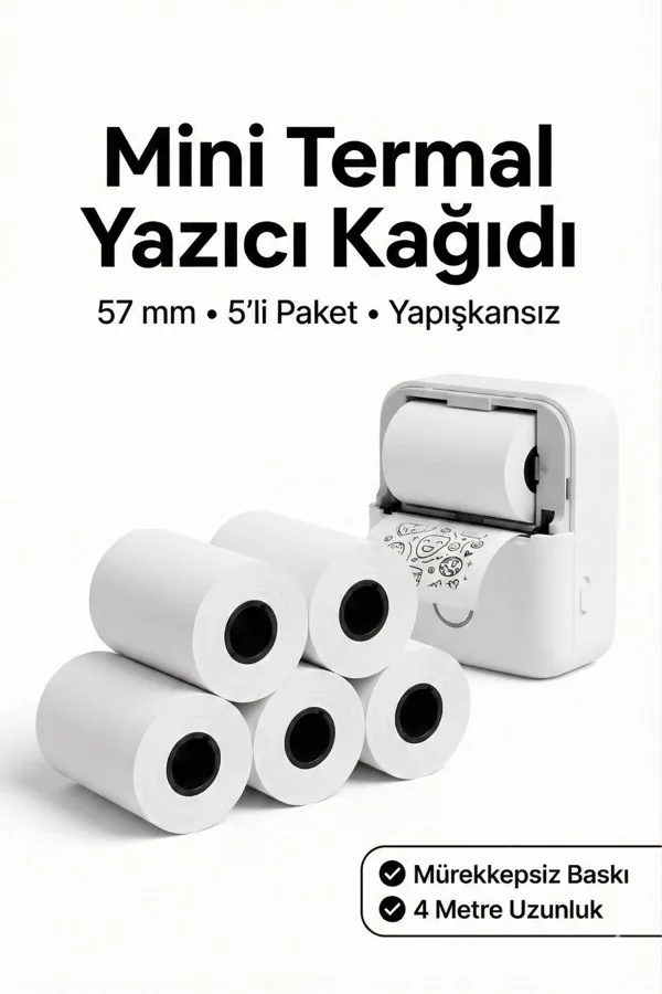 Mini Termal Yazıcı Rulosu: 5'li Paket, 57 mm Yapışkansız: görsel 2